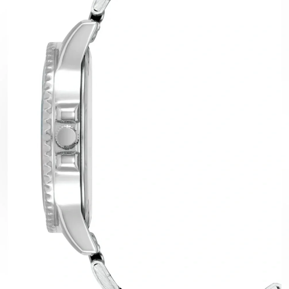 Time And Tru Women’s Silver Tone White, Pink, & Blue Bezel Bracelet Watch